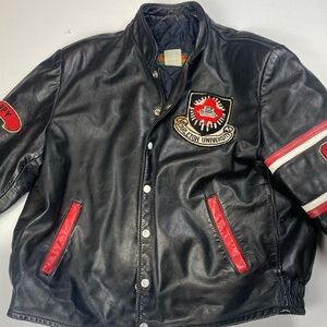 Vintage Carleton Commerce Black Leather Varsity Jacket with Red Accents